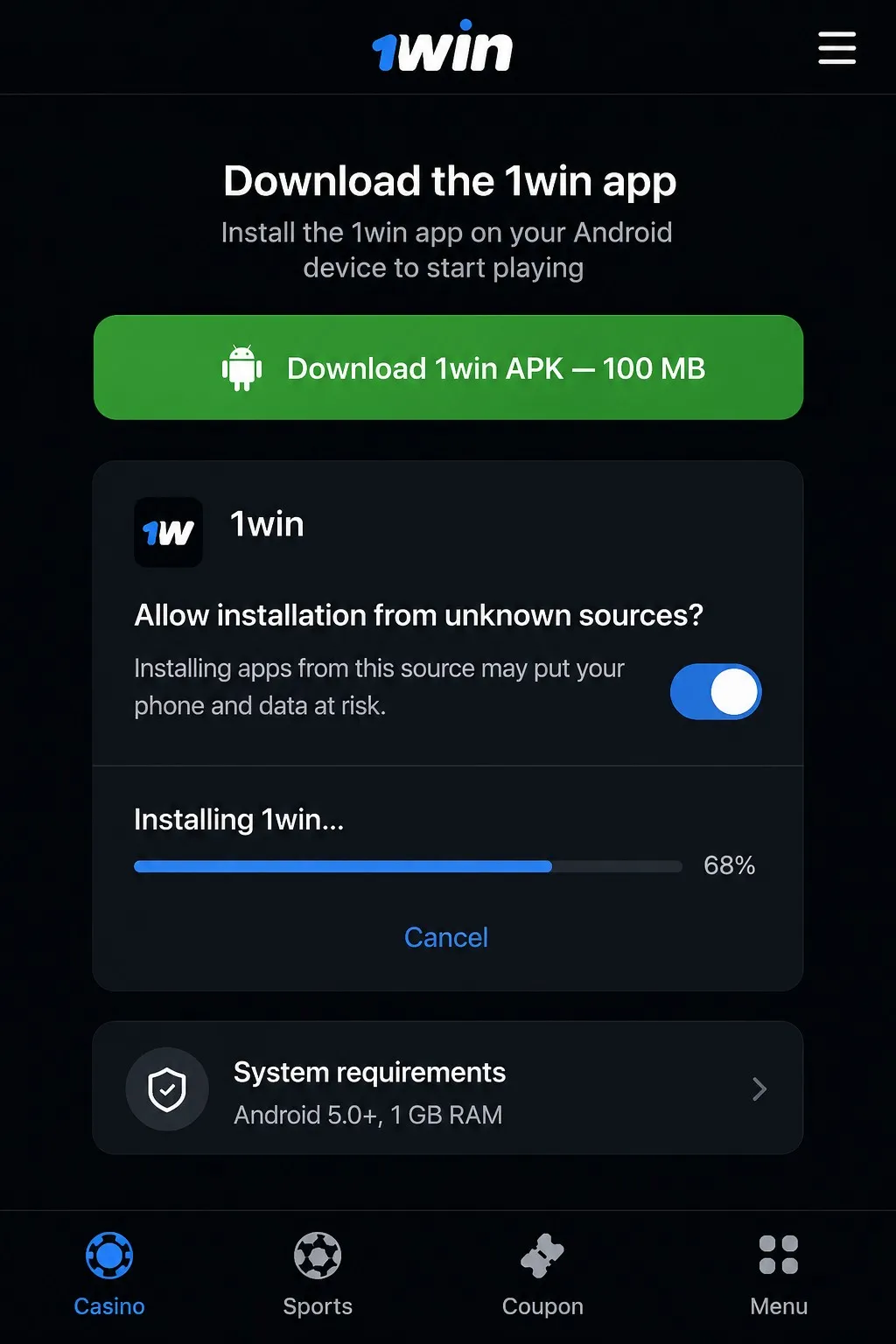 1win APK for Android – installation steps and security
