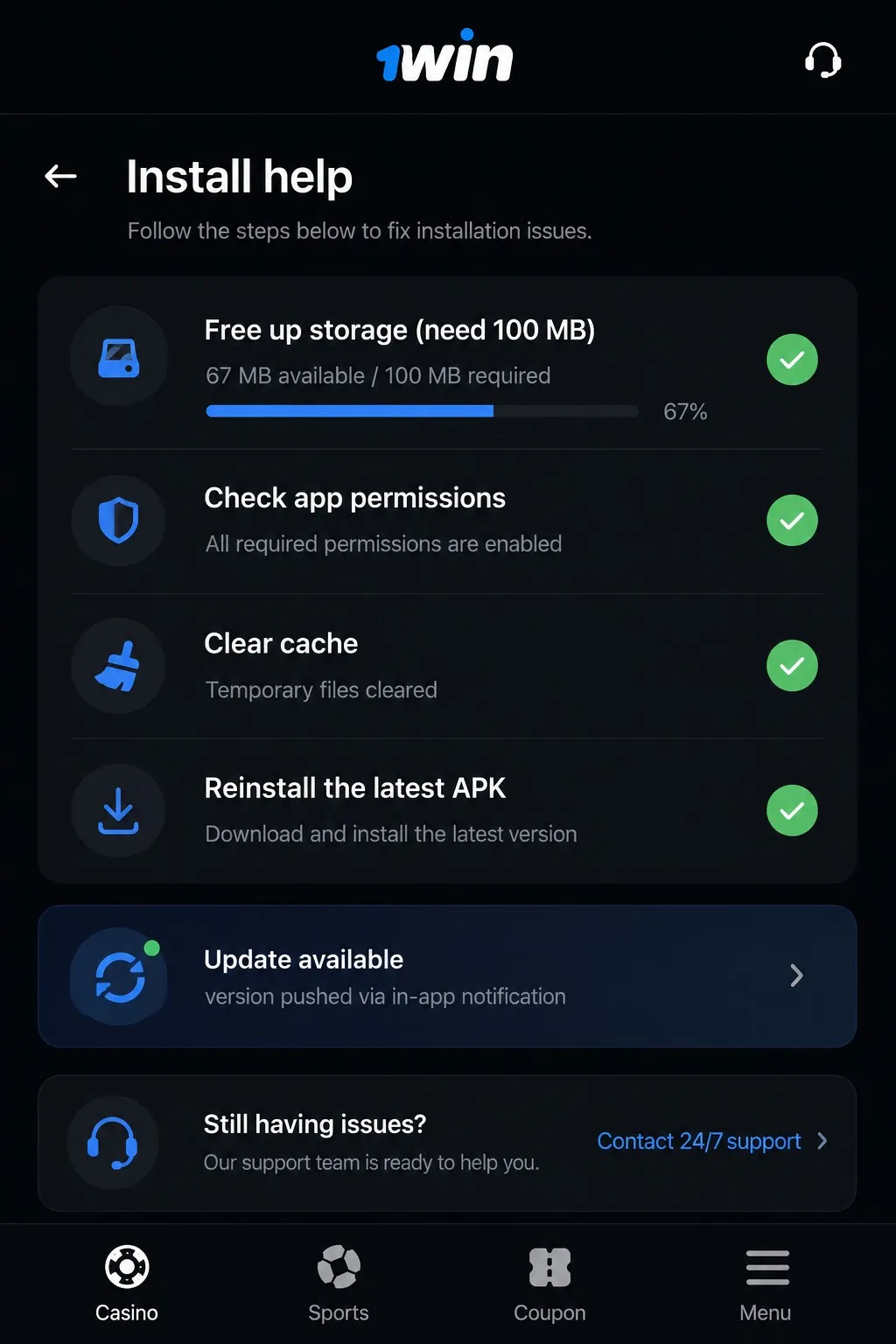 Fixes when a 1win install stalls – troubleshooting APK setup