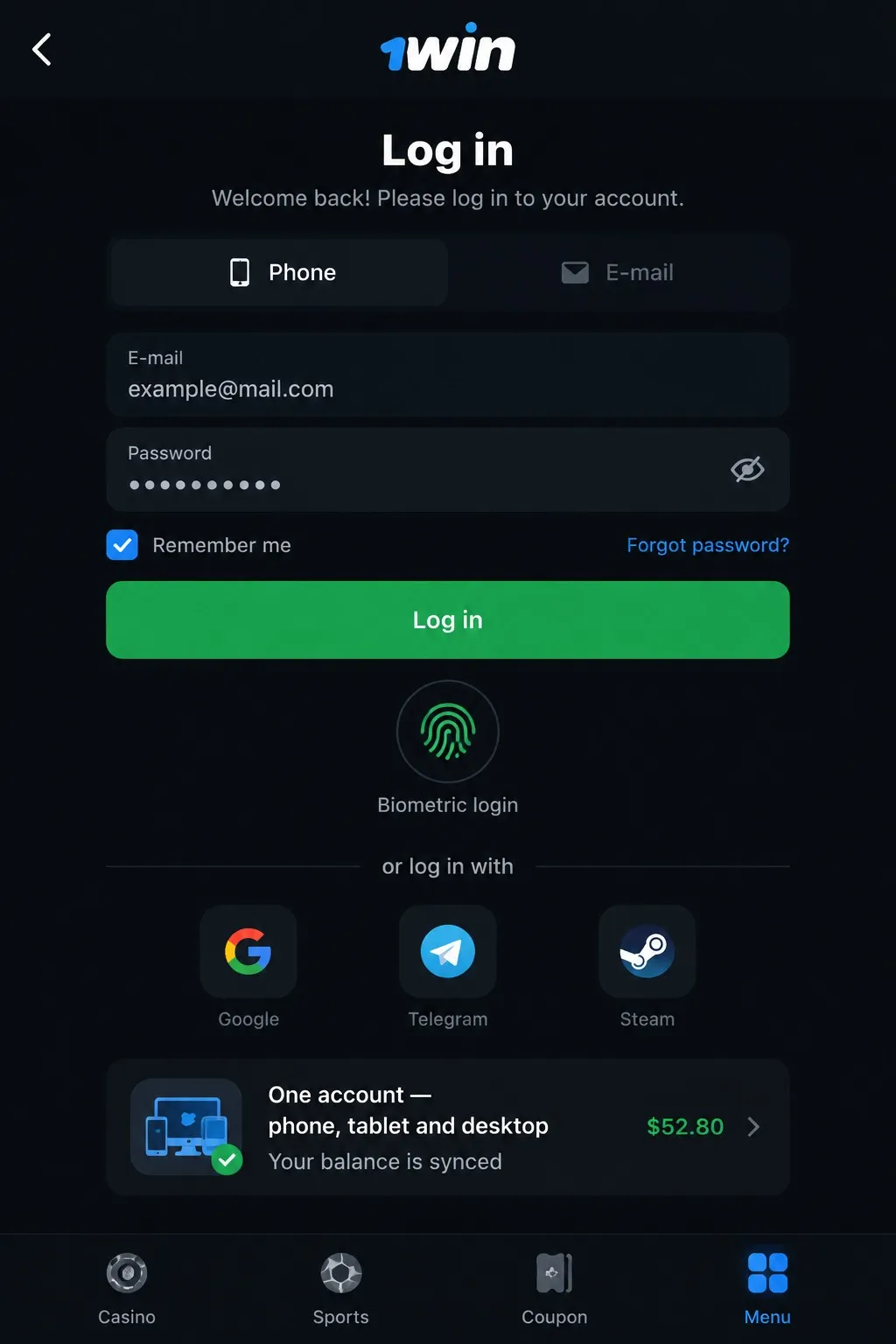 Same account, same balance – 1win login across app and desktop
