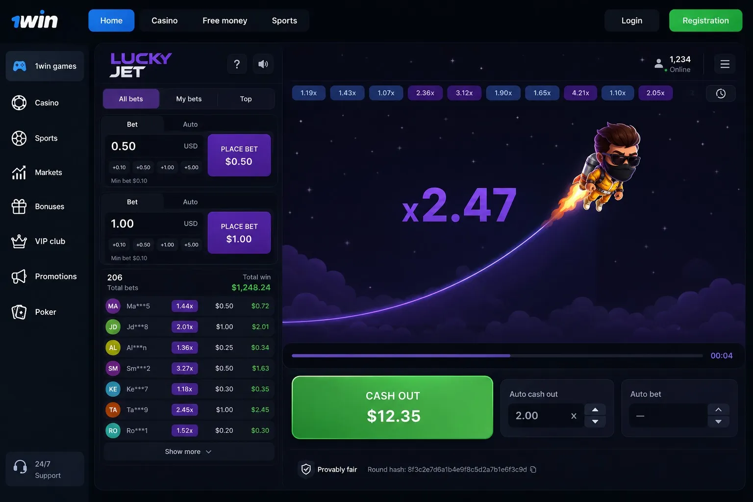 1win games hub – crash titles, Lucky Jet and provably fair arcade