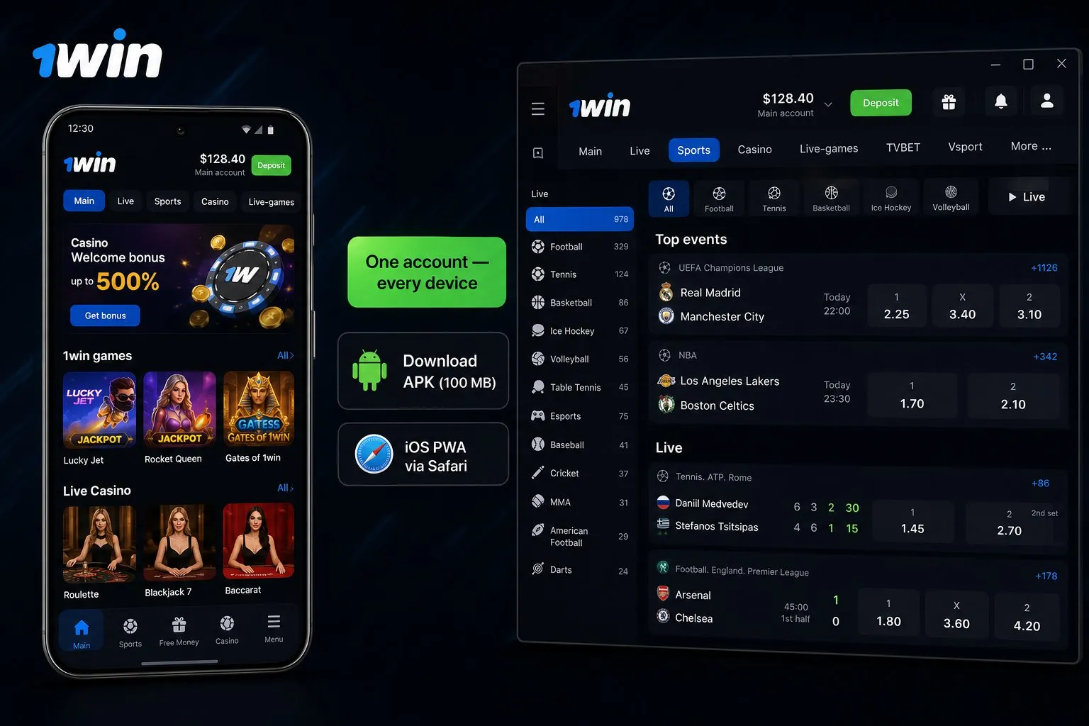 1win mobile app and website – Android APK, iOS PWA and desktop client