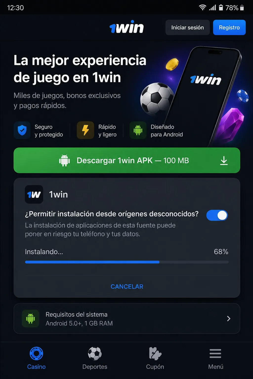 1win app APK Android — peso, requisitos y pasos de instalación