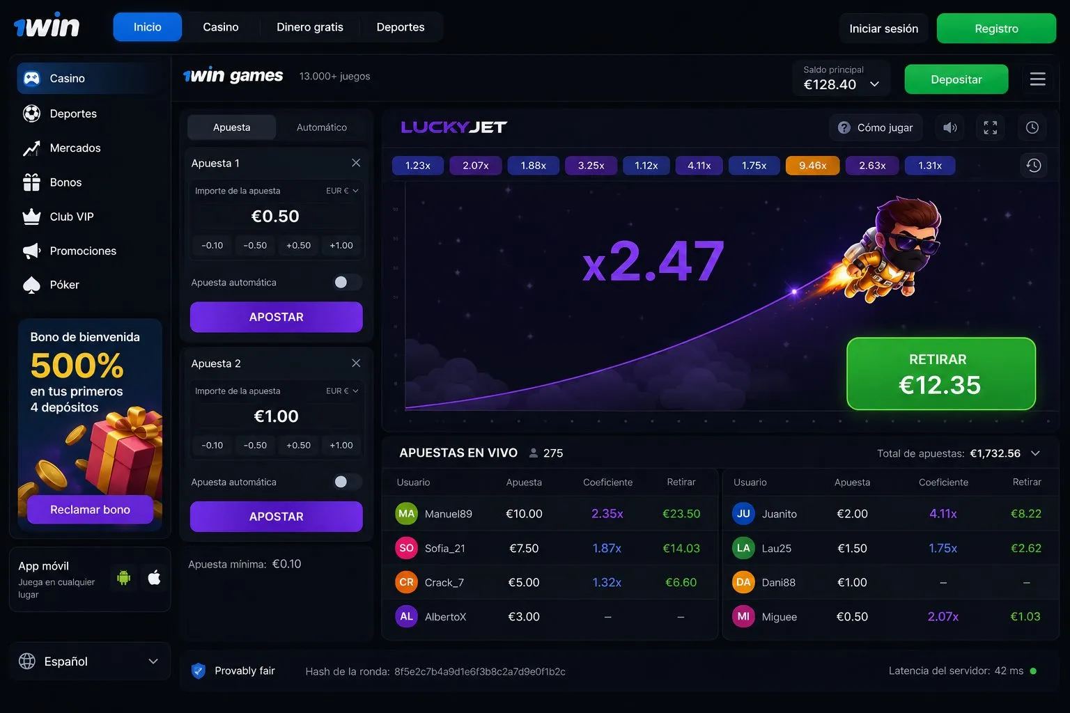 1win casino — juegos crash y arcade provably fair en una cuenta