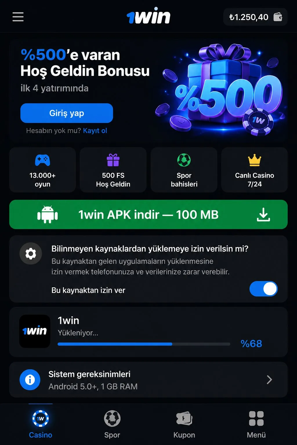 Android için 1win APK: boyut, gereksinimler ve güvenlik — 1win app