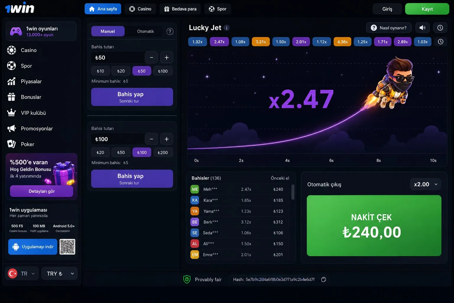 Crash turları ve provably fair hızlı oyunlar — 1win